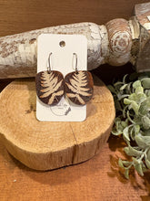 Load image into Gallery viewer, Reverse engrave fern leaf drop Earrings, lightweight wood Earrings
