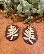 Load image into Gallery viewer, Reverse engrave fern leaf drop Earrings, lightweight wood Earrings
