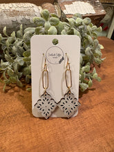 Load image into Gallery viewer, Quatrefoil shape Dangle Earrings, laser engraved, handpainted, wood earrings, nickel free
