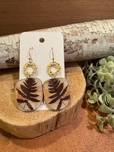 Load image into Gallery viewer, Distressed fern leaf dangle Earrings, lightweight wood Earrings

