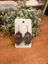 Load image into Gallery viewer, Spring Tulip Floral Drop Earrings, laser engraved, handpainted, wood earrings, nickel free

