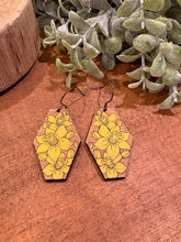 Load image into Gallery viewer, Daffodil Floral Drop Earrings, laser engraved, handpainted, wood earrings, nickel free
