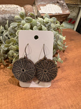 Load image into Gallery viewer, Curly Dot Cutout Drop Earrings, laser engraved, handpainted, wood earrings, nickel free
