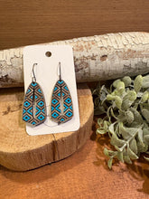 Load image into Gallery viewer, Oblong Tribal Drop Earrings, laser engraved, handpainted, wood earrings, nickel free
