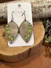 Load image into Gallery viewer, Eucalyptus Drop Earrings, laser engraved, handpainted, wood earrings, nickel free
