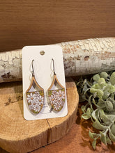 Load image into Gallery viewer, Hanging Daisy Drop Earrings, laser engraved, handpainted, wood earrings, nickel free
