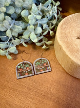 Load image into Gallery viewer, Bookcase Version 2 Drop Earrings, laser engraved, hand painted, wood earrings, nickel free
