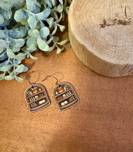 Load image into Gallery viewer, Skull Bookcase Version 1 Drop Earrings, laser engraved, hand painted, wood earrings, nickel free
