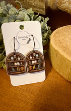 Load image into Gallery viewer, Skull Bookcase Version 2 Drop Earrings, laser engraved, hand painted, wood earrings, nickel free
