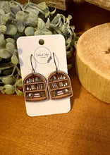 Load image into Gallery viewer, Owl and Witch Hat Bookcase Version 3 Drop Earrings, laser engraved, hand painted, wood earrings, nickel free
