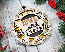 Load image into Gallery viewer, State Ornament - Wood USA Ornament - Christmas Ornament - Iowa Ornament
