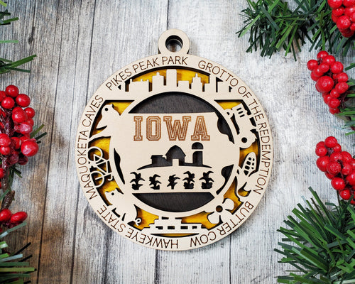 State Ornament - Wood USA Ornament - Christmas Ornament - Iowa Ornament