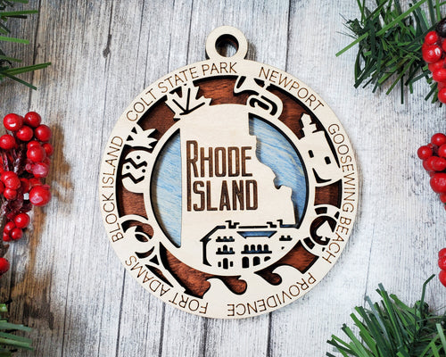 State Ornament, Wood USA Ornament, Christmas Ornament, Rhode Island Ornament